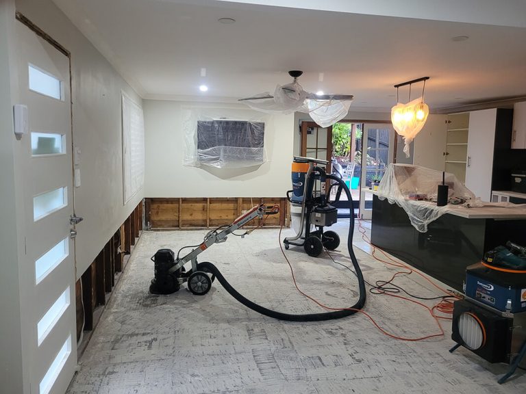 tile removal in lounge and kitchen